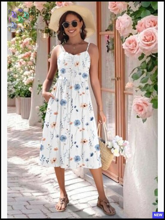 Floral Ruched V-Neck Midi Sundress Adjustable Straps Pockets Summer Casual - Picture 3 of 7
